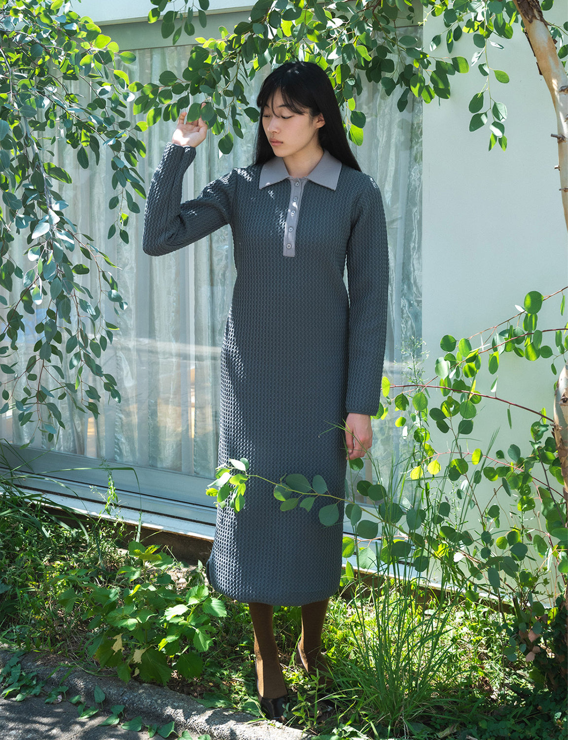 knit polo one piece / gray