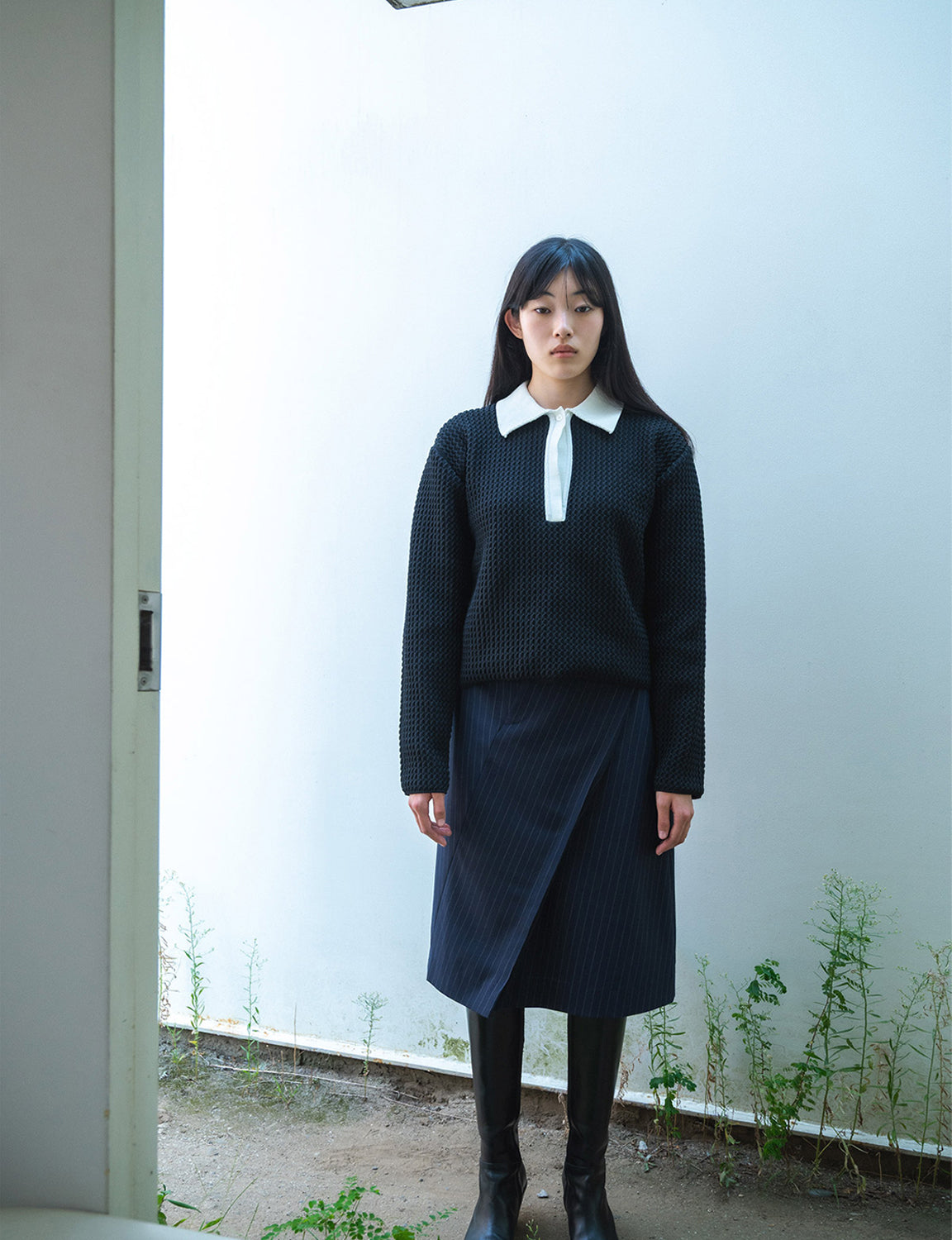 knit polo top / black