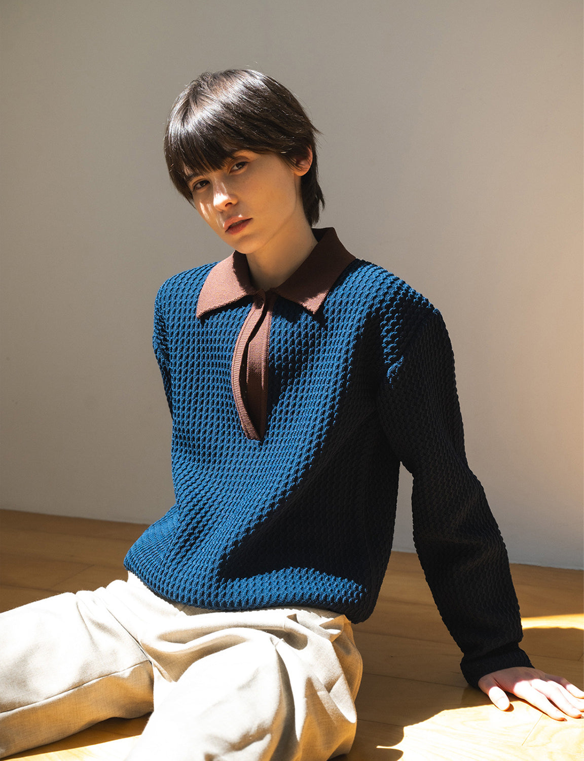 knit polo top / navy