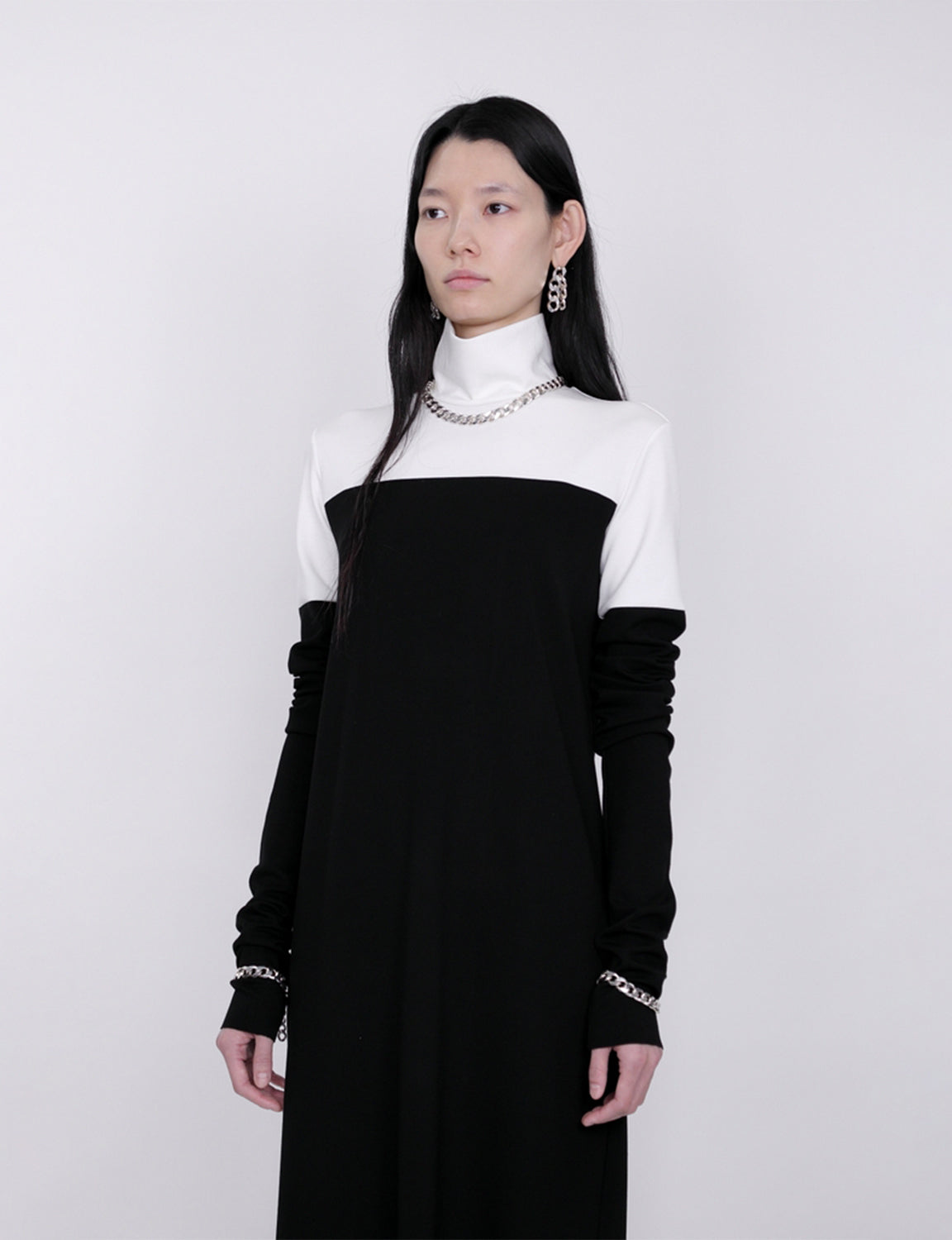 Mix Cut Dress / white × black