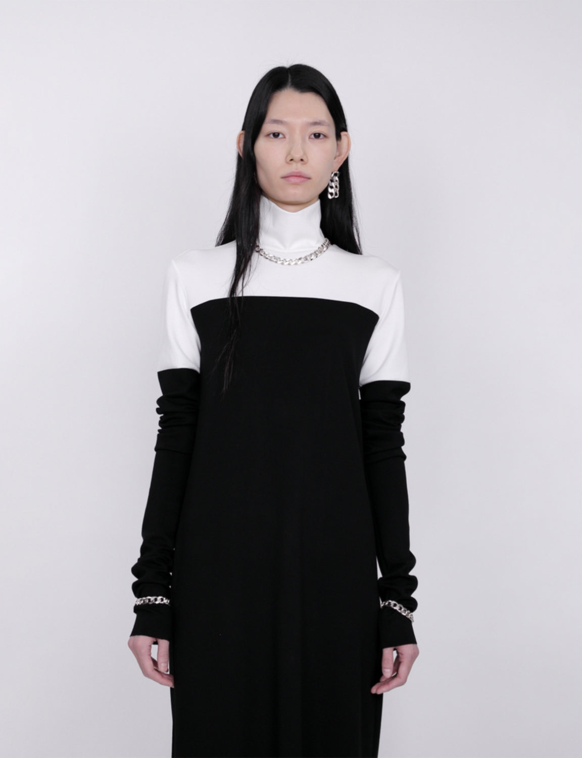 Mix Cut Dress / white × black