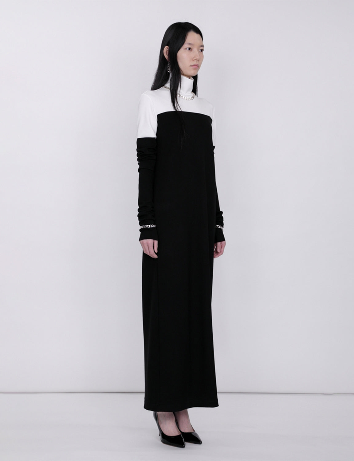 Mix Cut Dress / white × black