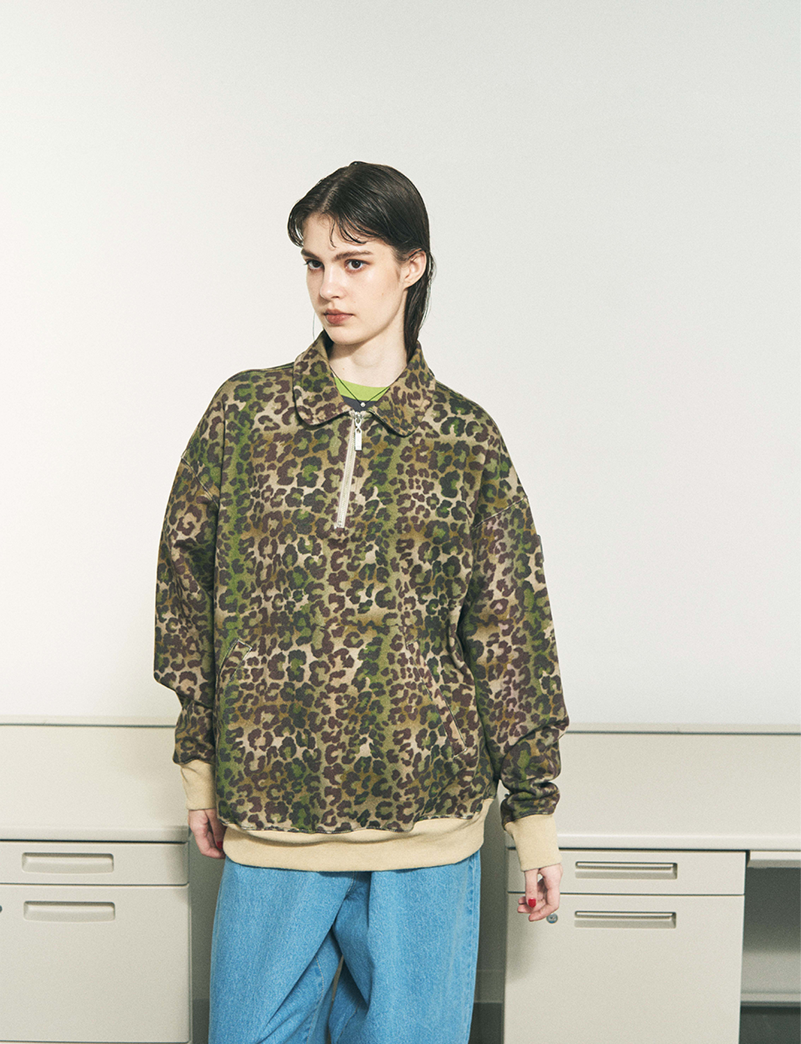 HALF-ZIP COLLAR SWEATSHIRT LEOPARD