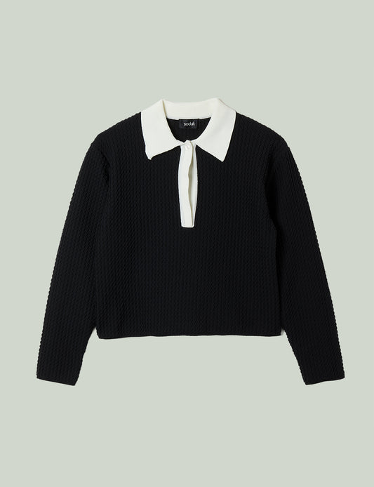 knit polo top / black