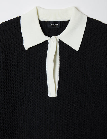 knit polo top / black