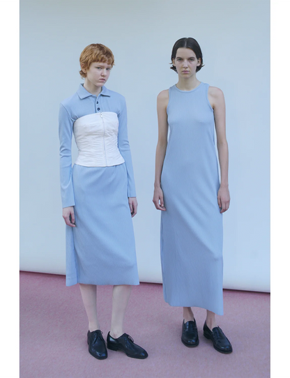 Pleats Knitted No Sleeve Dress / blue
