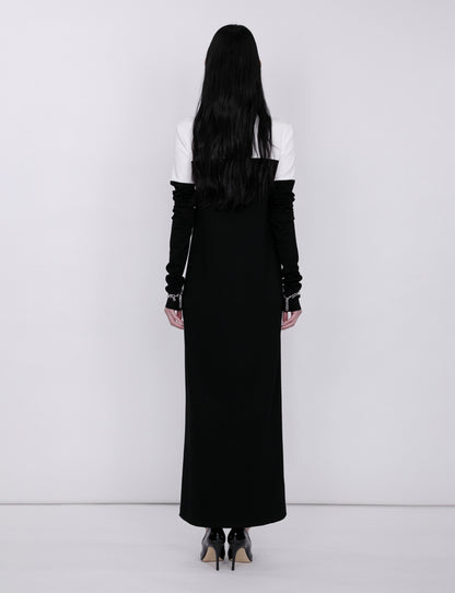 Mix Cut Dress / white × black