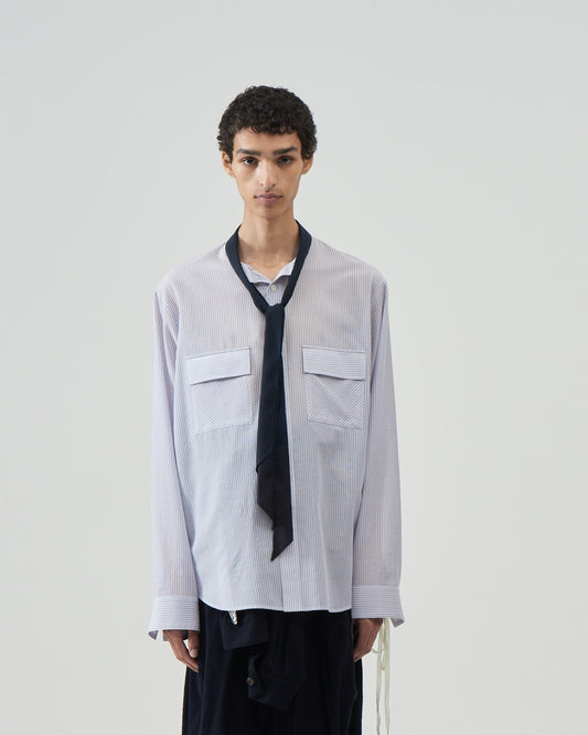 Striped Wool Bow Collar Shirts – White