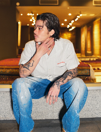 GRID CHECKED OPEN COLLARED S/S SHIRT