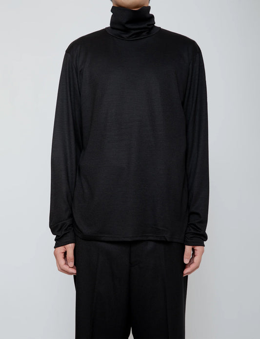 WASHABLE-WOOL HIGH NECK SHIRT / BLACK